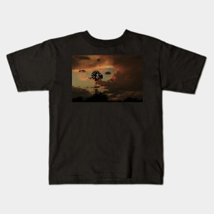 Kansas Stormy night with a Windmill silhouette Kids T-Shirt